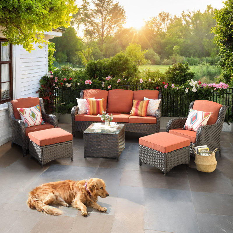 Amerissa 5 - Person Patio Conversation Set with Cushions, Orange Red, Brown