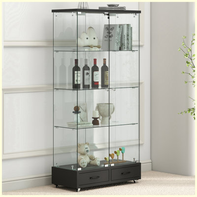 Modern Glass Display Cabinet with Large Drawers and LED lights for Living Room and Bedroom
