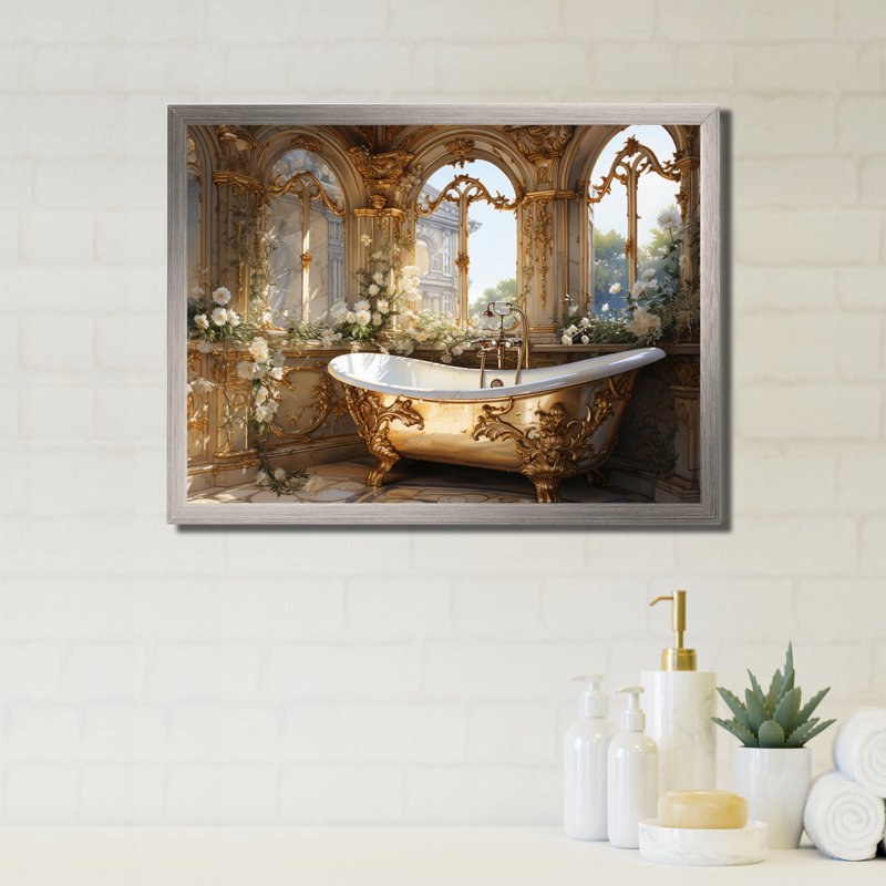 «Bathroom Golden Luxe III» - Art mural encadré pour salle de bain, Argent argent, H 16 po x l 32 po, Cadre photo unique