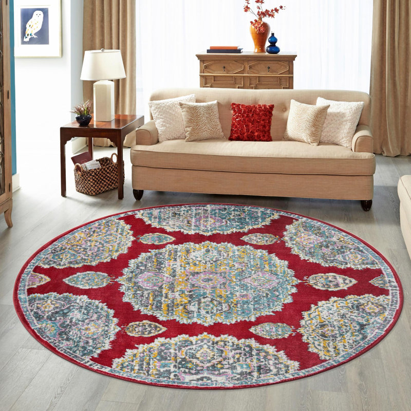 Tapis oriental en polypropylène tissé à la machine en rouge / gris / bleu, Rond 5 pi 5 po
