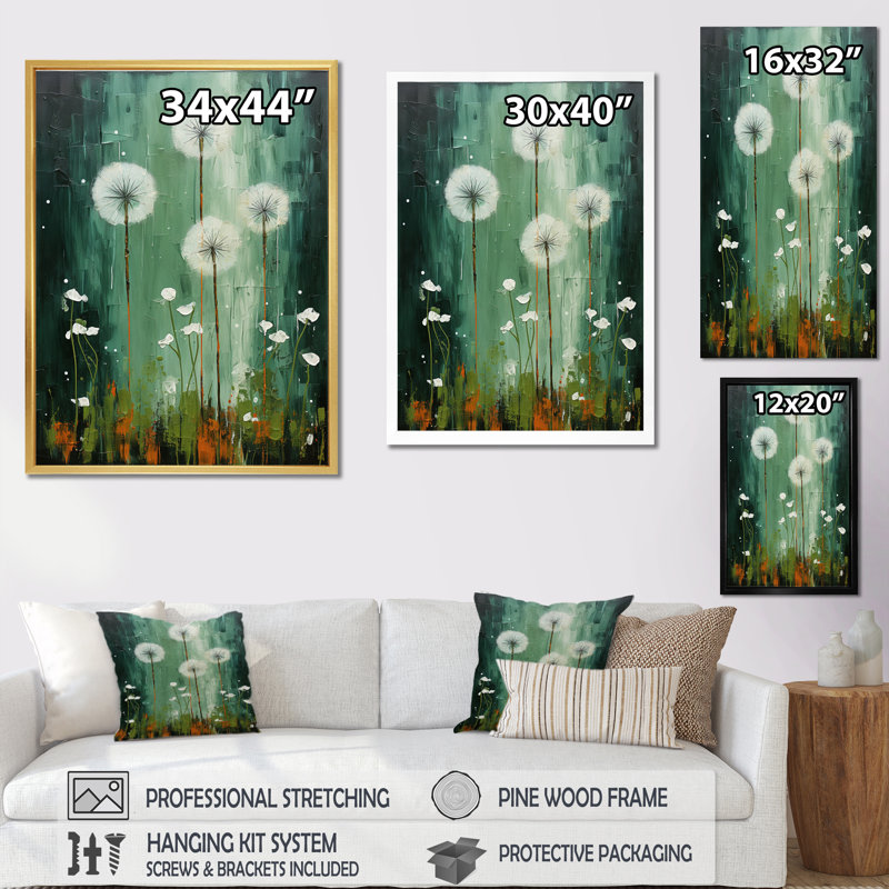 Pissenlit, art mural sur toile, impression de botanique vert - Collage pissenlit vert III, H 40 po x l 30 po x P 1,5 po