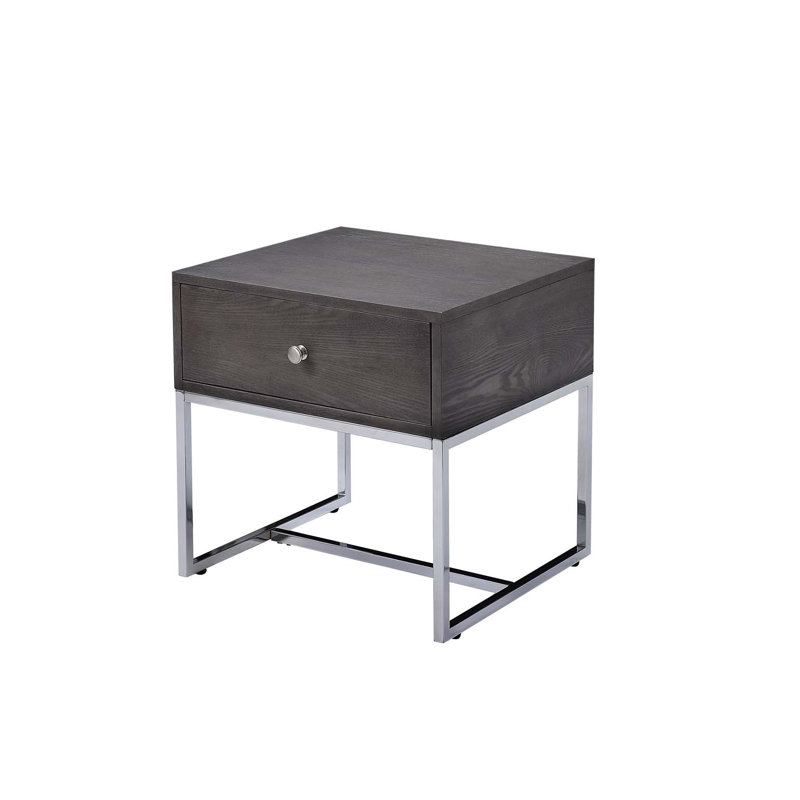 Table de bout rectangulaire à 1 tiroir, chêne gris et finition chromée