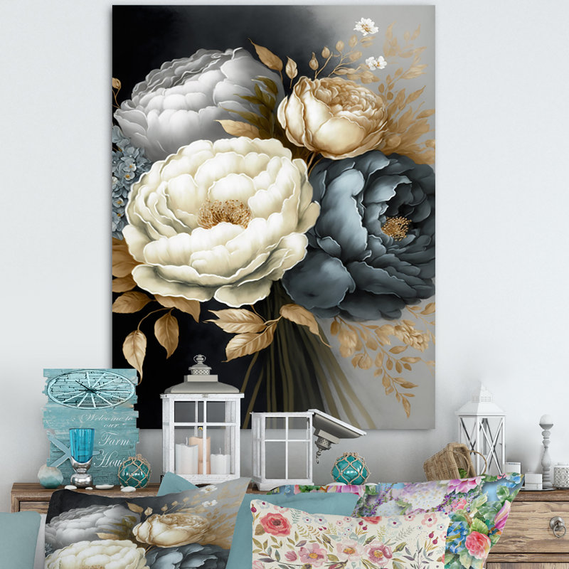 Bouquet de pivoines blanches, bleues et grises III - Impression sur toile, H 32 po x l 24 po x P 1 po, Toile tendue