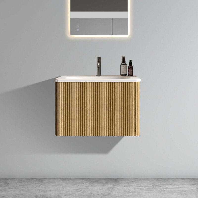 Meuble-lavabo mural moderne à rayures avec lavabo en céramique, Naturel
