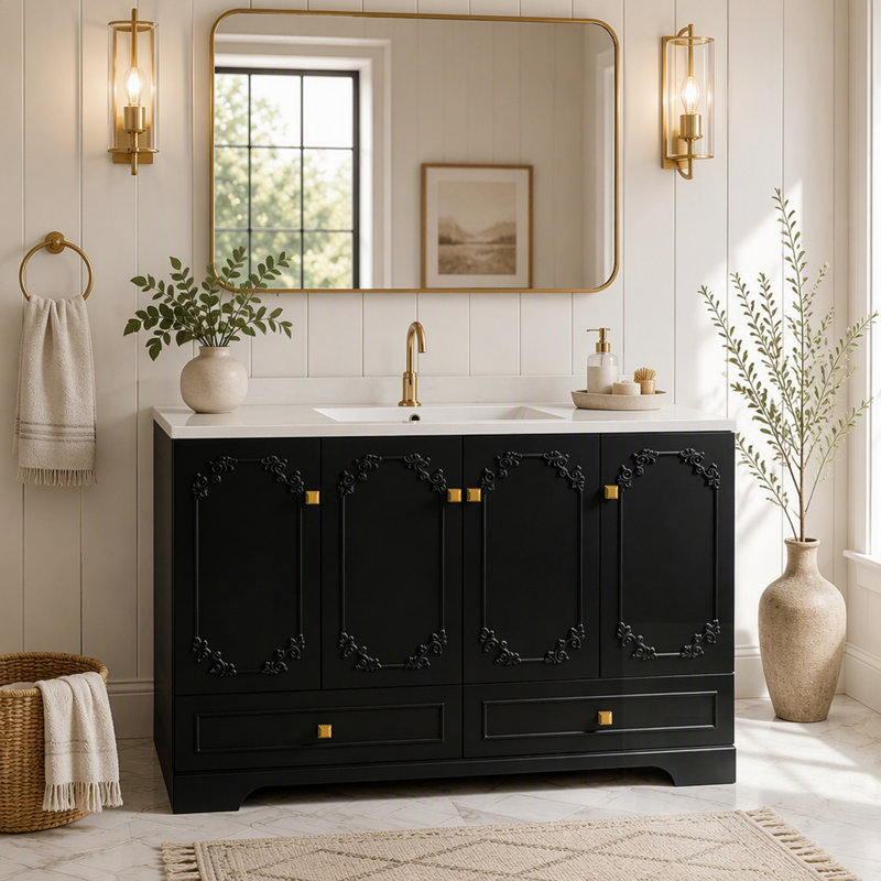 Armoire de salle de bain sculptée de style français avec rangement abondant, 4 portes à fermeture douce et 2 tiroirs, Black