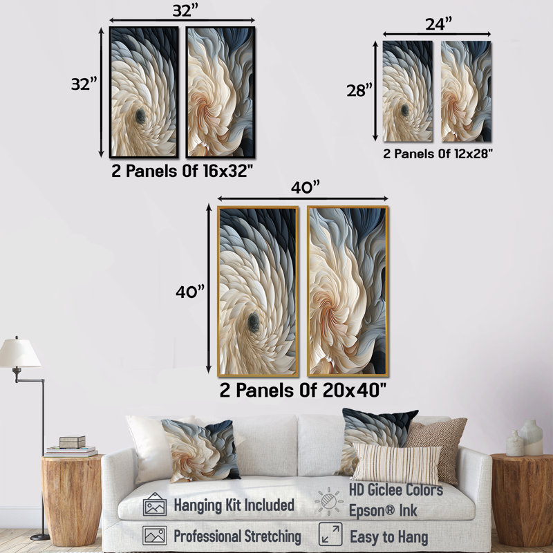 Plume blanche et bleue en spirale I - ensemble de 2 décorations murales géométriques abstraites, Cadre flottant brun