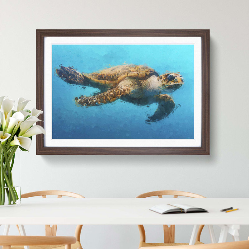 Swimming Sea Turtle in Abstract - Framed Print, 62cm H x 87cm W x 2cm D, Walnut Framed