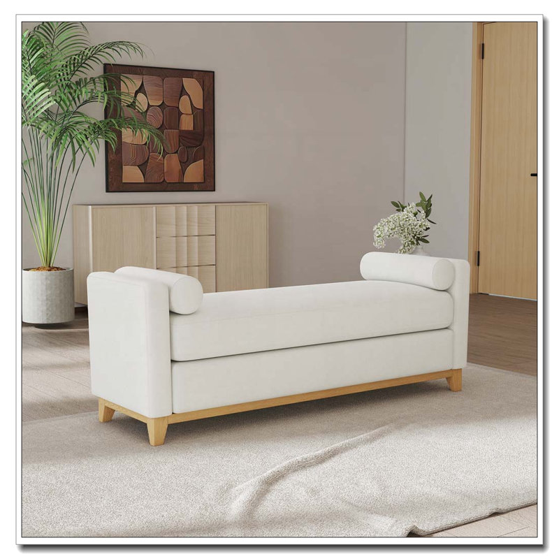 Solid Wood Upholstered Bench, 66.34 inch, Beige+Natural