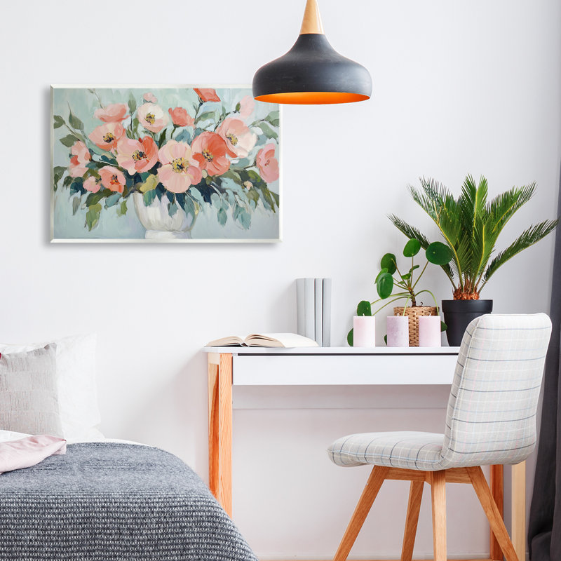 Plaque murale avec arrangement de fleurs roses sur fond vert, design par Gina Kelly, H 13 po x l 19 po