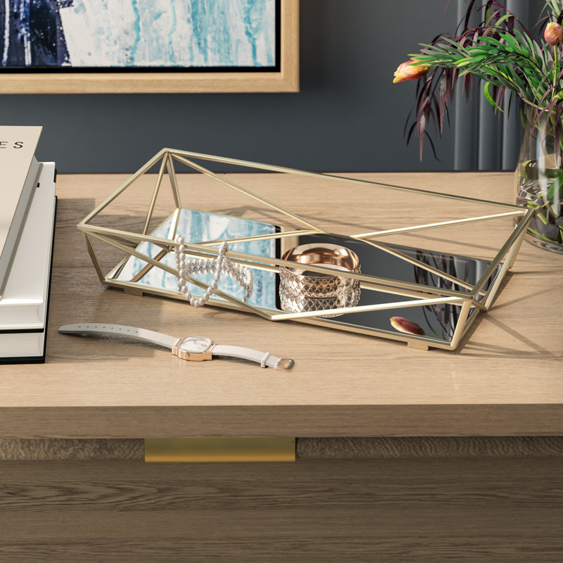 Elegant Satin Gold Rectangular Mirrored Vanity Tray