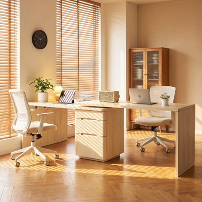 Attina 93" x 23"  Modern Rotating L-Shaped Desk, Reversible Corner Computer Desk with 3 Storage Drawers, Natural Light Oak Finish
