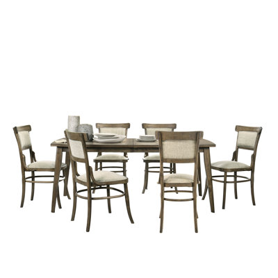Table de salle à manger bistro rétro en noyer Bistro - table de 72 po, 6 chaises en tissu, ergonomique, bois naturel rectangle 7 pièces, bois, dossier ergonomique,