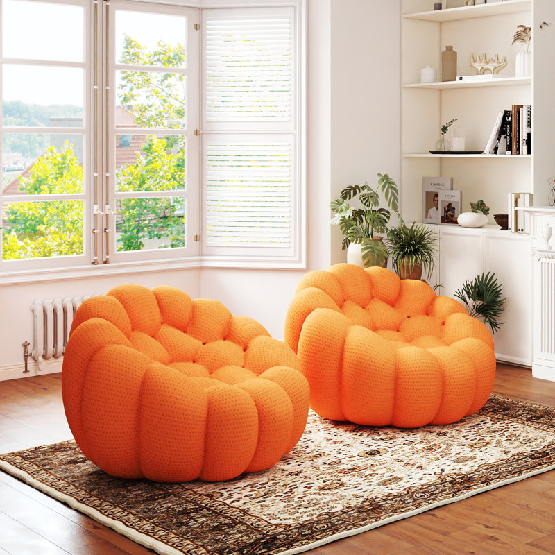 Kayi 48.43" Upholstered Pumpkin-shaped Club Accent Compression Chair(set Of 2), No Assembly Required, Orange