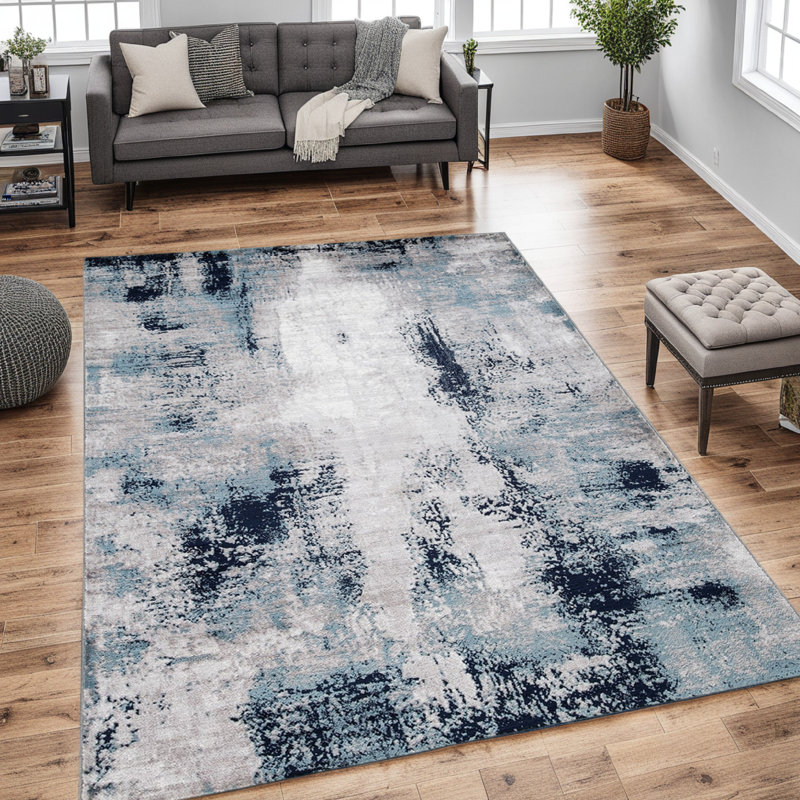 Grand tapis Nel 8 x 10, motif abstrait tissé à la machine, bleu blanc