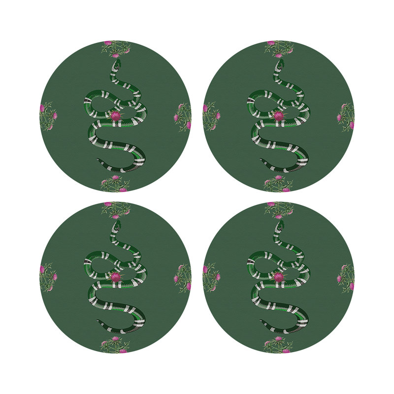 Thistle And Snake Pink Vegan Leather Round Coasters, Evergreen