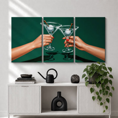 Golf Martini Cheers Green Background Artwork, Bar Room Pictures, Framed Canvas Giclee Print 3 Pieces Wall Art