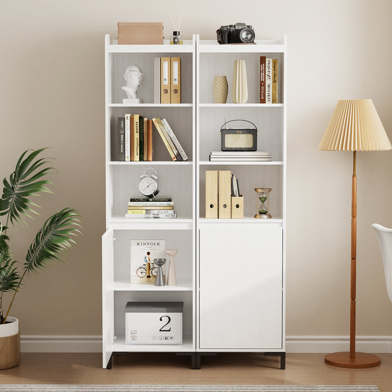 Bibliothèque moderne blanche avec armoire et tablette autoportante de 71 po avec pieds en métal