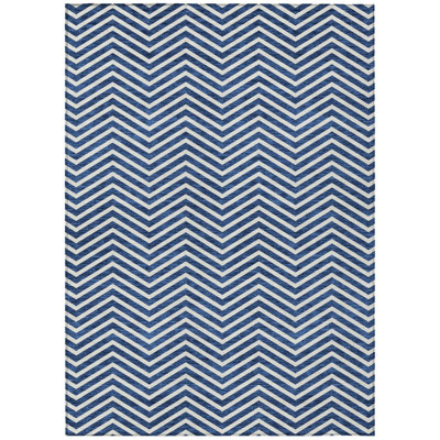 5' X 8' Blue And Ivory Chevron Washable Indoor Outdoor Area Rug