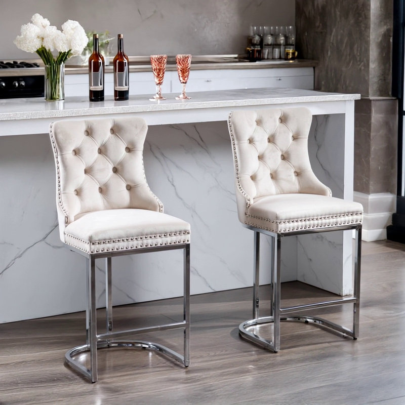 Ensemble de 2 tabourets de bar 26 po, Velours beige