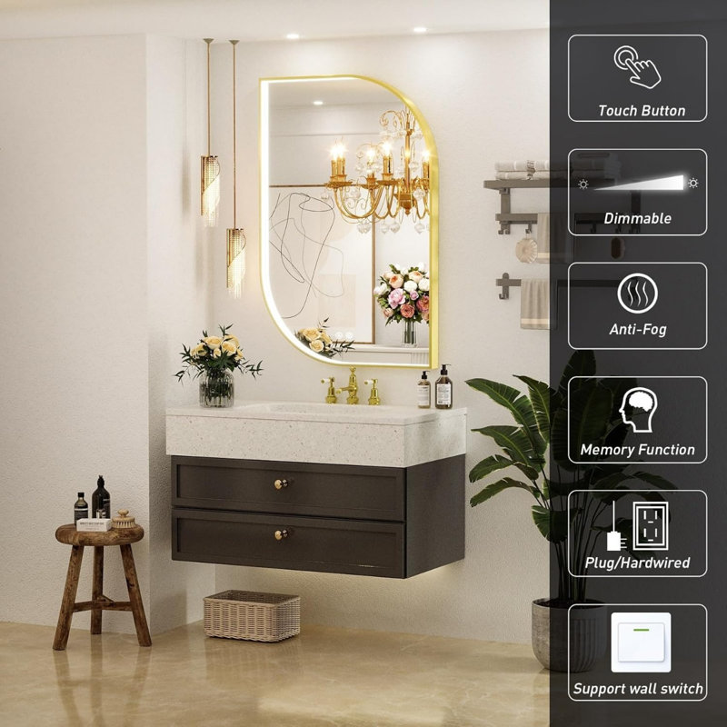 Miroir mural 24 po x 36 po à DEL pour salle de bain avec lumières, miroir de salle de bain asymétrique illuminé à cadre doré, anti-buée, à intensité variable