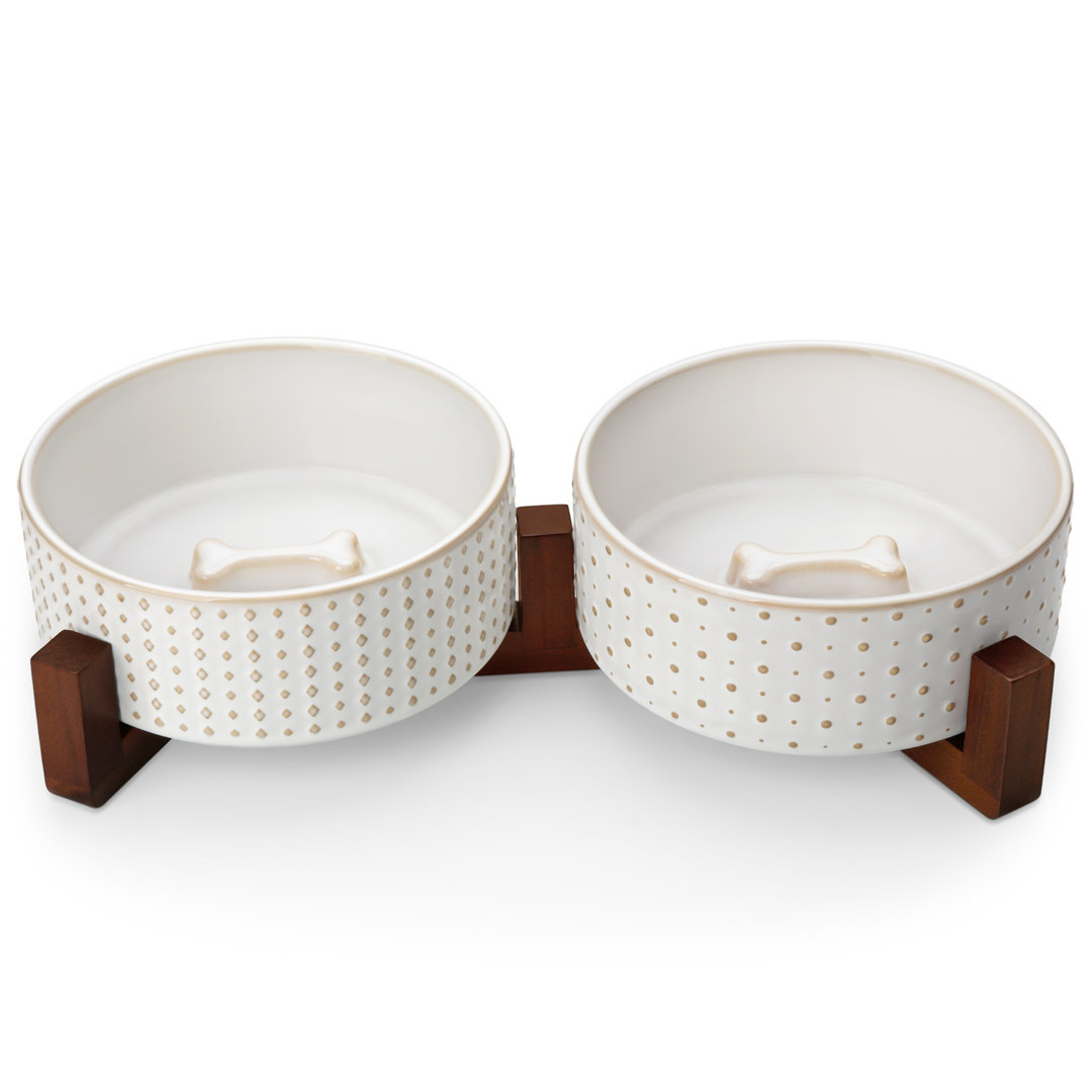 Rhombus & Dot Embossed Pattern Anti-skid Stoneware Elevated Feeder