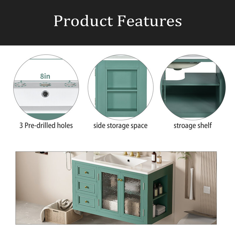 Meuble-lavabo mural 36 po avec lavabo en céramique, armoire de rangement flottante avec 3 tiroirs et armoire en bois massif