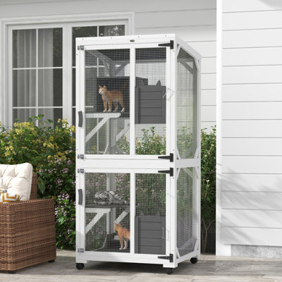 Maison pour chat avec toit imperméable, boîte de repos surélevée, roues, blanc, pour 1 à 3 chats, intérieur et extérieur, vaste enceinte avec toit en bois, grande roue et tache extérieure transportable, blanc