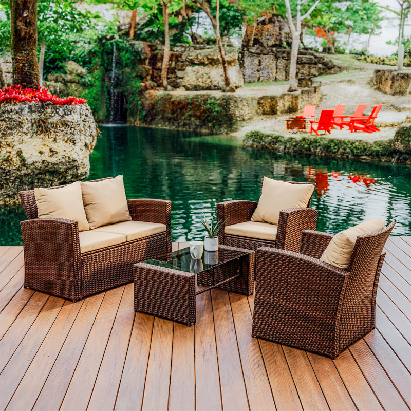 Ensemble de conversation d'extérieur de qualité supérieure pour 4 personnes avec coussins Aymelia, Beige/brun