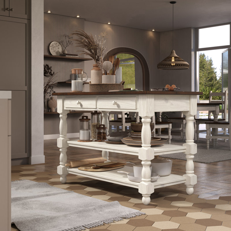 Îlot de cuisine en bois 2 tiroirs 2 tablettes blanc vieilli | , Blanc
