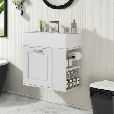 Wall Mounted Bathroom Vanity With Ceramic Sink And Storage