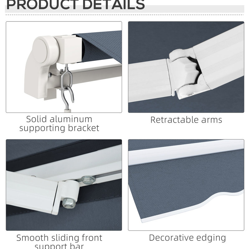 12' X 10' Patio Sun Shade Awning - & Water- With Conveniently Adjustable Crank For Deck, Balcony, Yard, Charcoal Gray Retractable Manual
