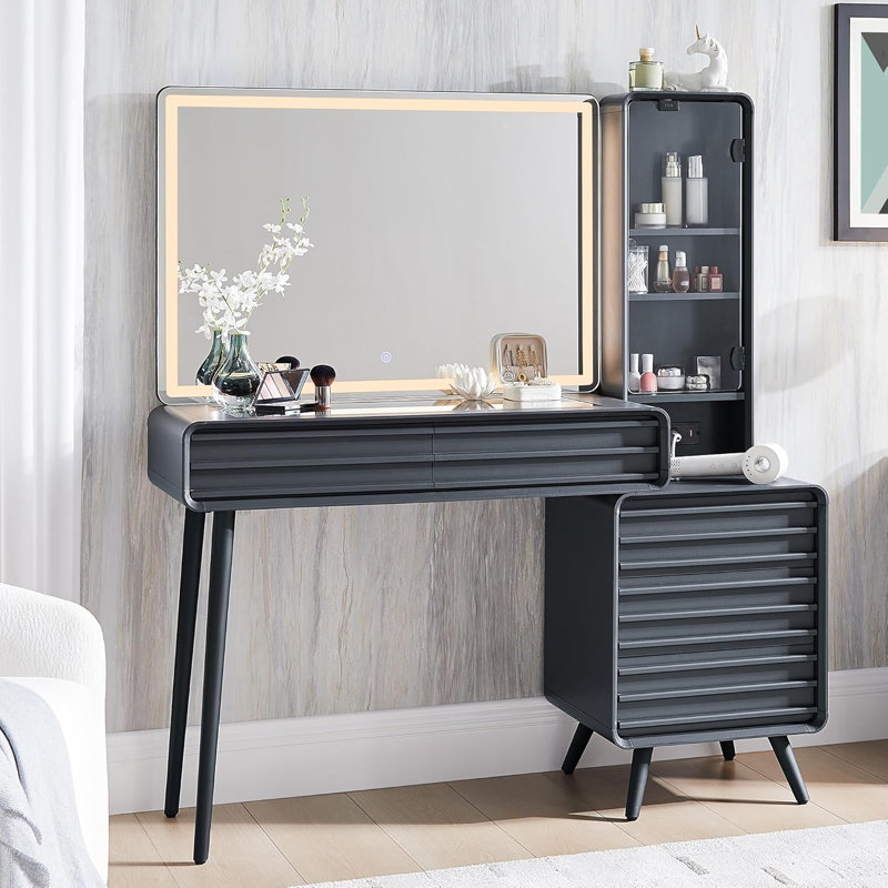48" Fluted Makeup Vanity Desk With 35" Big Lighted Mirror,5 Dressers & Charging Station & 3 Light Modes& Glass Top,for Bedroom