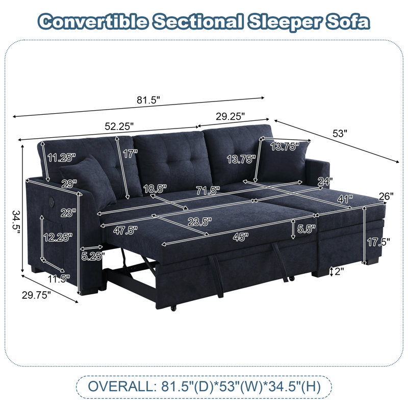 81.5" Wide Convertible Sectional Sofa Bed With Reversible Storage Chaise & Charging Port & Side Pocket
