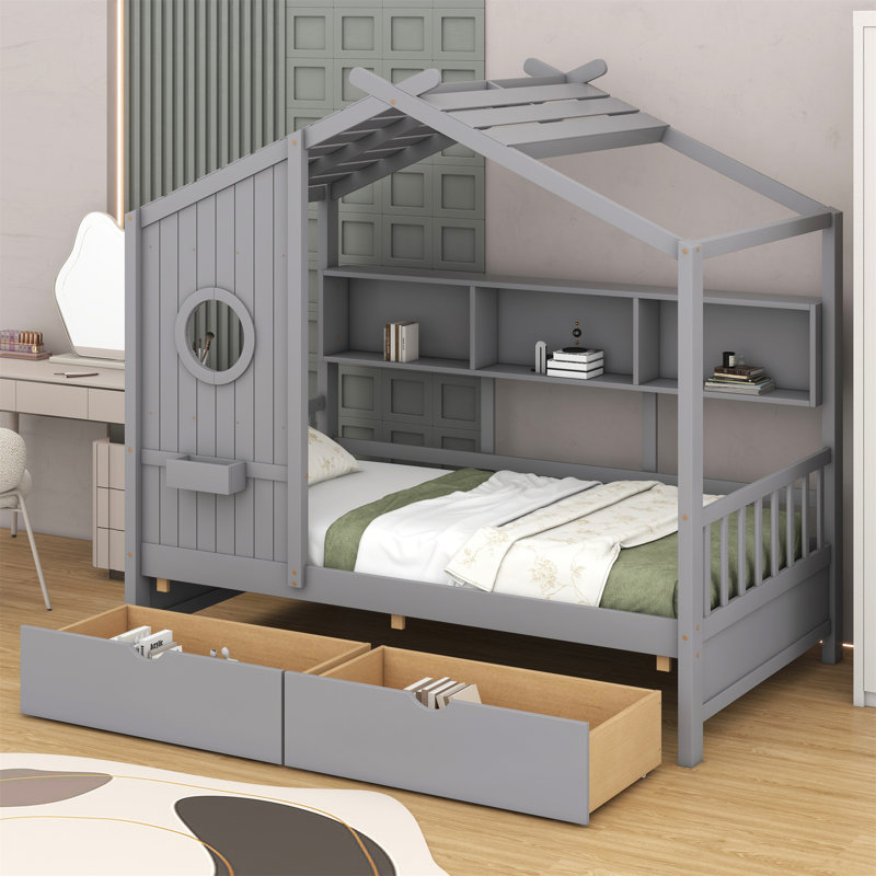 Sieger Wooden House Bed with 2 Drawers with Storage Shelf, Twin, Gray