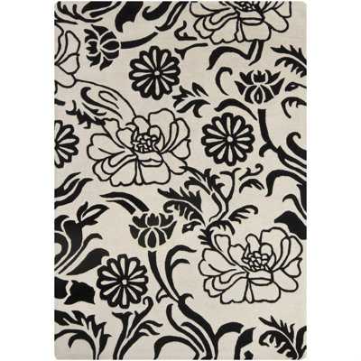 Tapis floral en laine touffeté à la main à motif floral noir et crème Medford