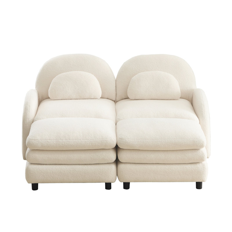 Canapé modulaire 2 places en tissu avec repose-pieds, dossier incurvé et coussins lombaires Teddy, Beige