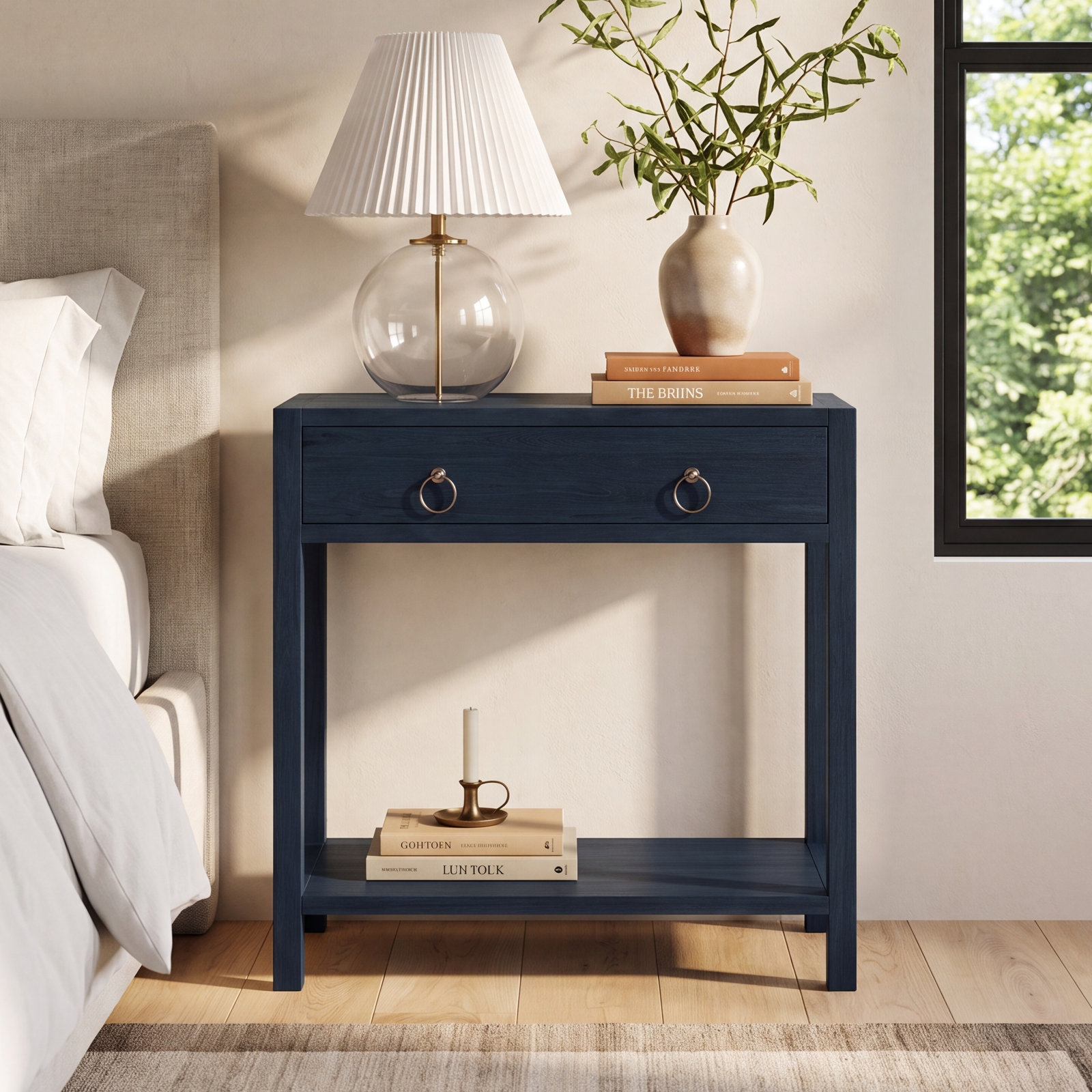Elin 1-Drawer Pine Nightstand, Navy Blue