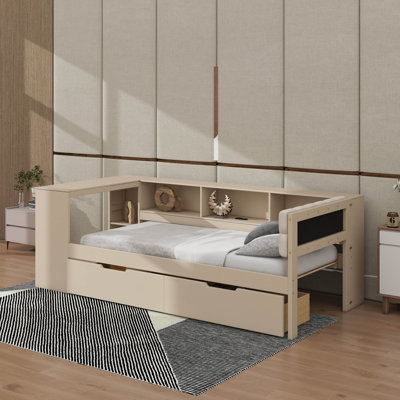 Lit plateforme simple avec tablettes, tiroirs, station de charge et tête de lit tapissier