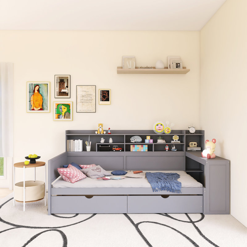 Lit de jour en bois avec tablettes de rangement, lit multifonctionnel avec deux tiroirs de rangement et bureau d'étude, Gris