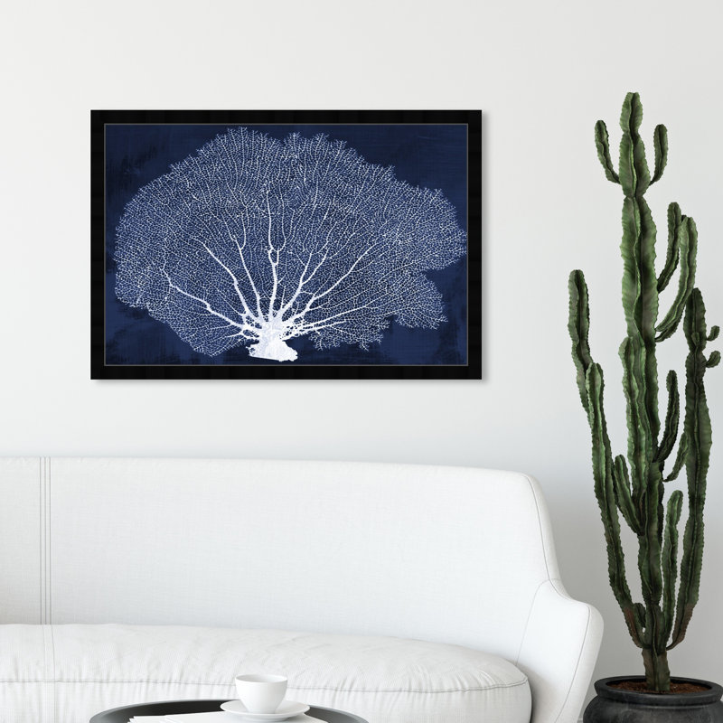 «Nautical and Coastal Coral Fan», impression d'art graphique sur papier, Cadre noir plat, H 22 po x l 32 po x P 0,5 po