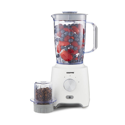GEEPAS 2-in-1 Food Jug Blender | 1.8L Juice Jar & 60G Mini Coffee Spice Mill | 6-Leaf Stainless-Steel Blades 2 Speed & Pulse Lockable Lid Smoothie Maker Turbo Button for Ice Crushing | 600W