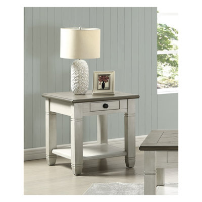 Table d'appoint en bois au fini brun rosé et blanc antique avec tiroir et tablette inférieure