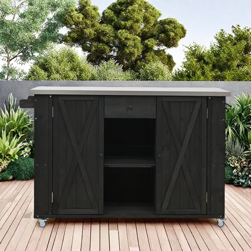 Outdoor Solid Wood Rolling Bar Cart, Storage Cabinet Kitchen Island, Black