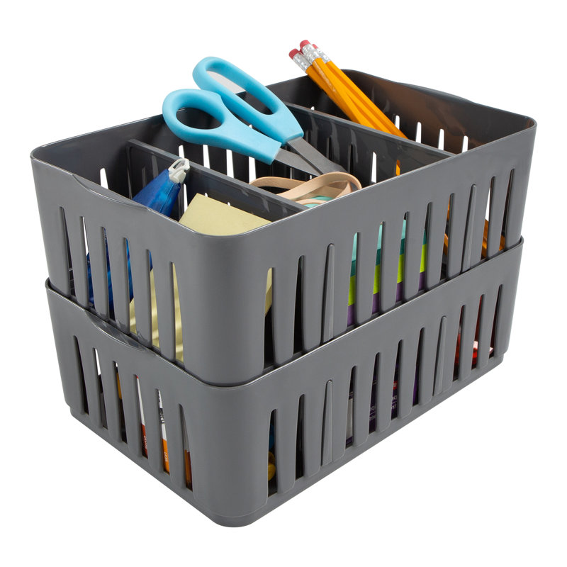 Simplify Medium Gray Stackable Plastic Organizer Baskets with Adjustable Dividers (Set of 4)