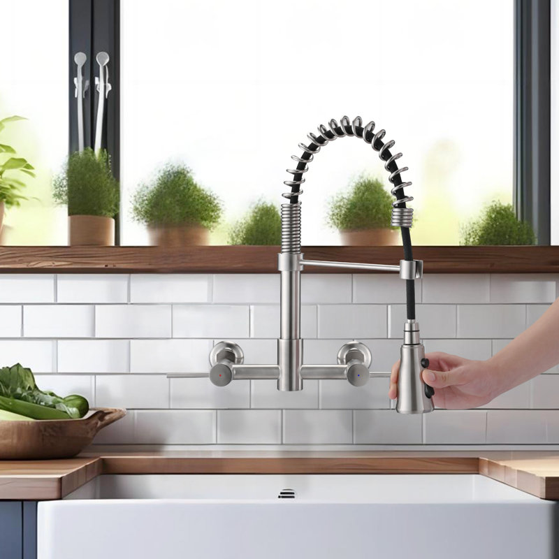 Durable Stainless Steel Wall-mounted Kitchen Faucet With 3 Functions And High Arc Spout, Brushed Nickel