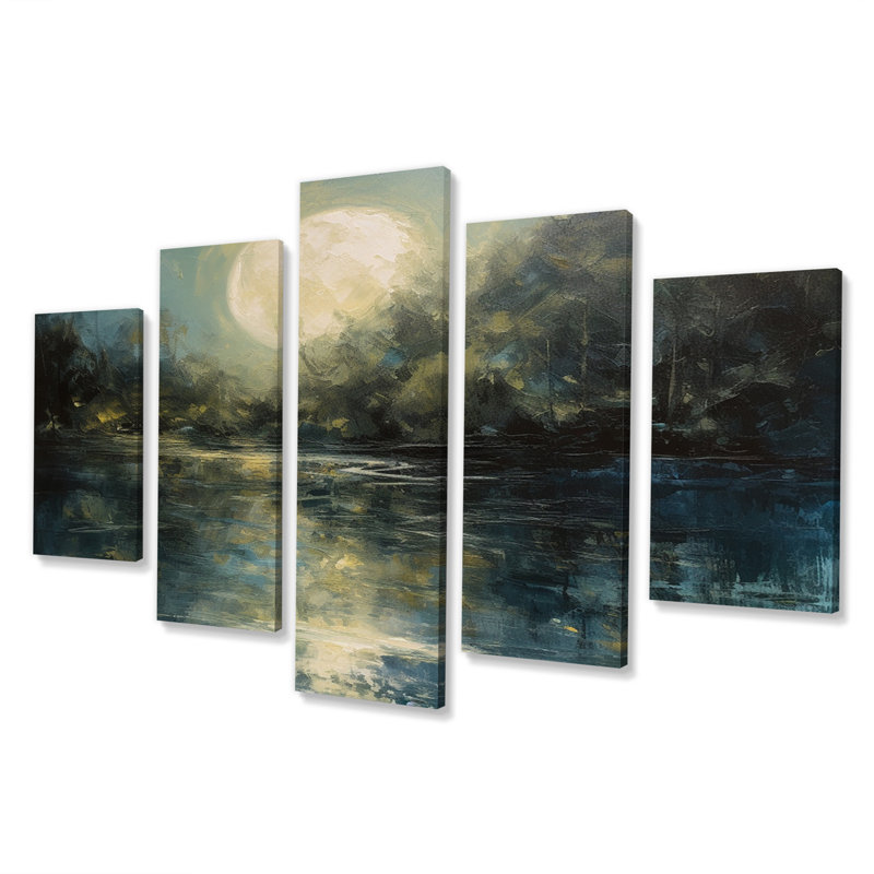 «Mysterious Misty Sunset Over Teal Lake III», reproduction sur toile - 5 panneaux