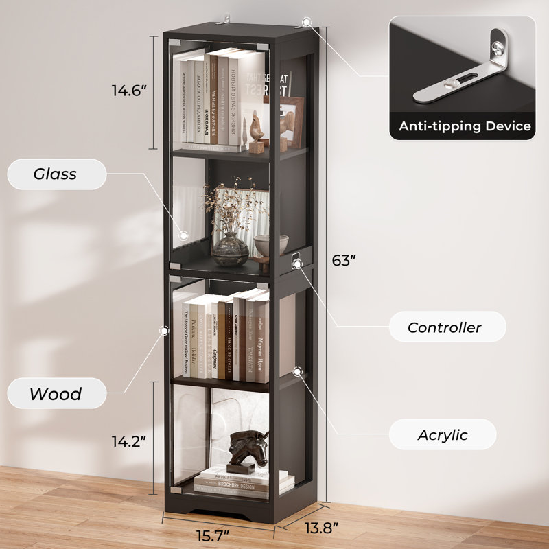 Glass Display Cabinet, 4-Tier Curio Cabinet with 3 Color Lights for Collectibles, Bookshelf with Door, Glass Display Case with Human Body Sensor