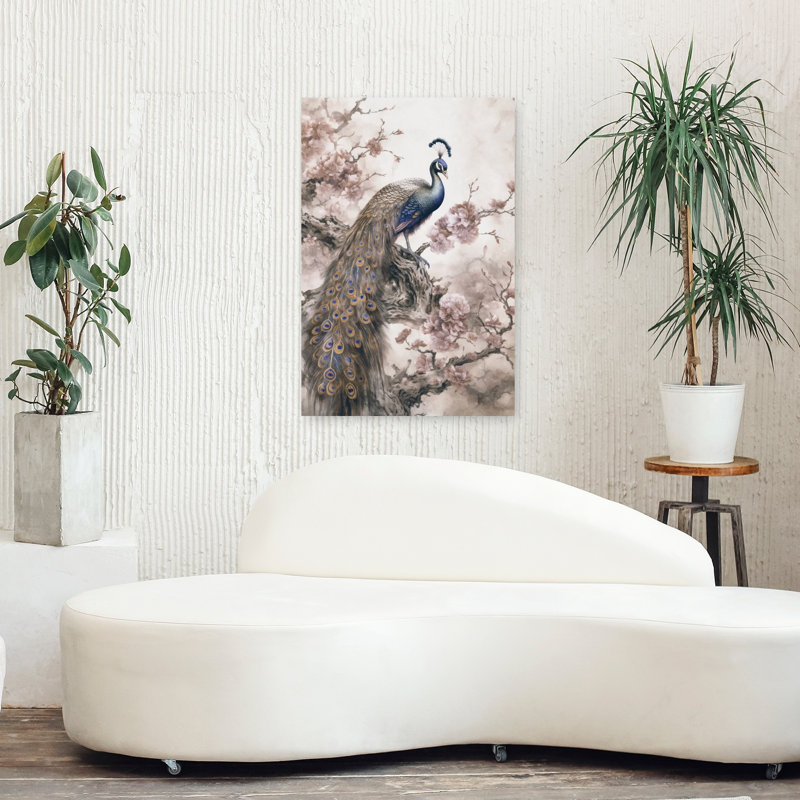Peacock Among Cherry Blossoms Contemporary Bird Animal Flower Wall Art Print, 91.44cm H x 60.96cm W