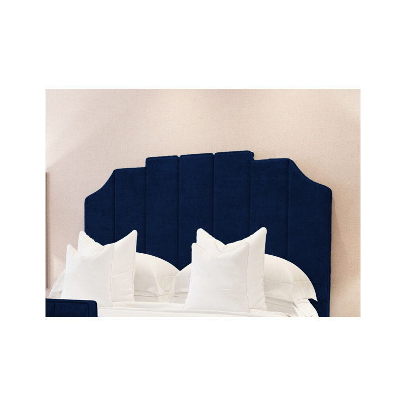 Annalei Regal Velvet Upholstered Bed Frame - Shaped Headboard, Chrome Feet, Single (3'), Navy