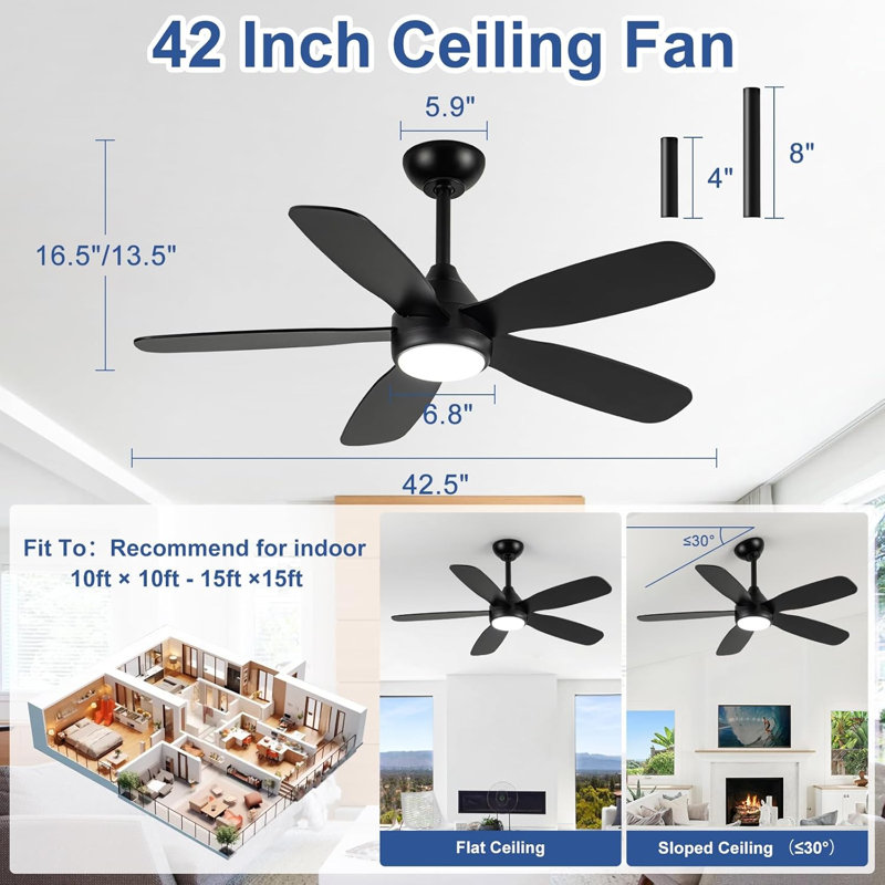 Modern LED Ceiling Fan With Light And Remote, 5-Blade, 6 Speeds, 3CCT, Dimmable, Reversible, Quiet, Black, 42 Inch